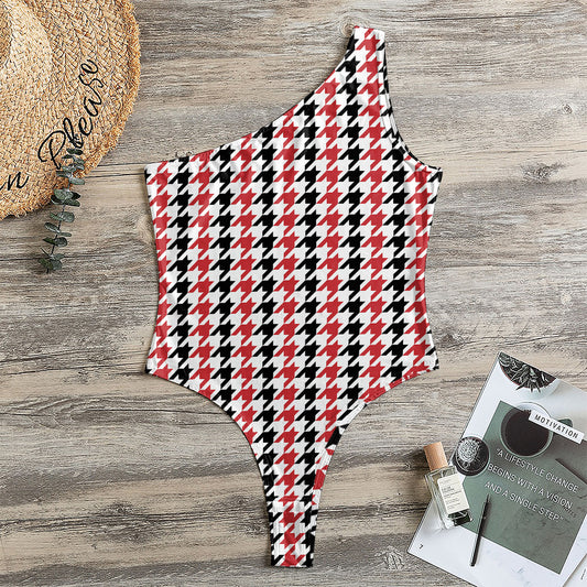 Red Black And White Houndstooth Print One Shoulder Bodysuit