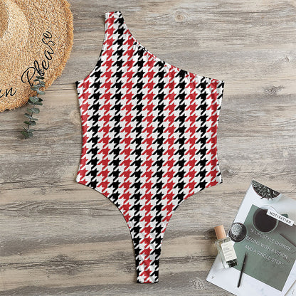 Red Black And White Houndstooth Print One Shoulder Bodysuit