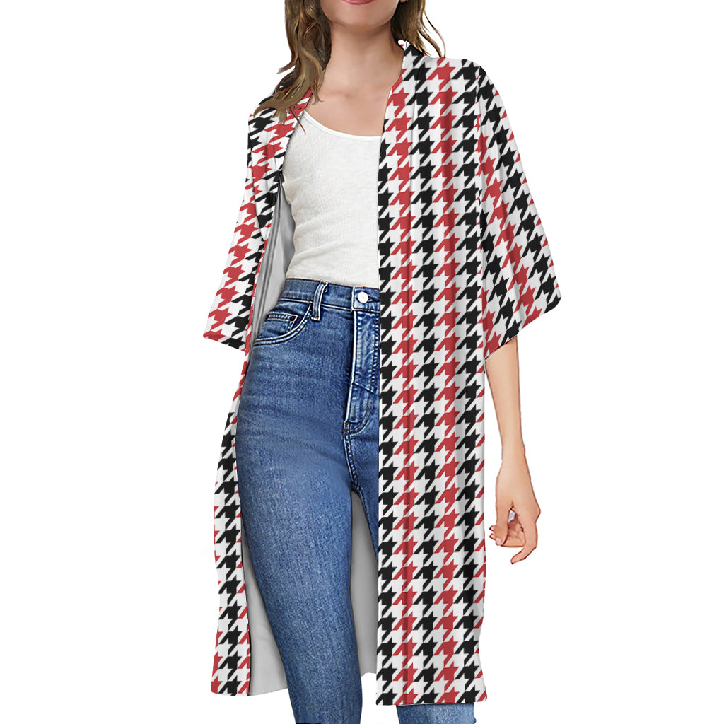 Red Black And White Houndstooth Print Open Front Beach Cover Up