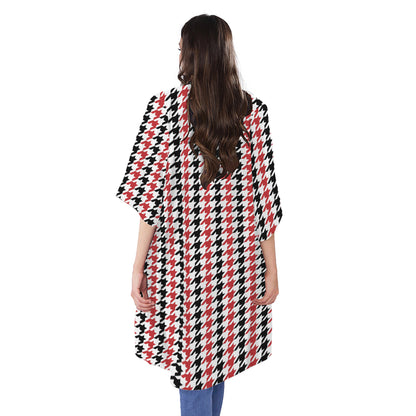 Red Black And White Houndstooth Print Open Front Beach Cover Up