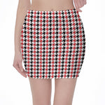Red Black And White Houndstooth Print Pencil Mini Skirt