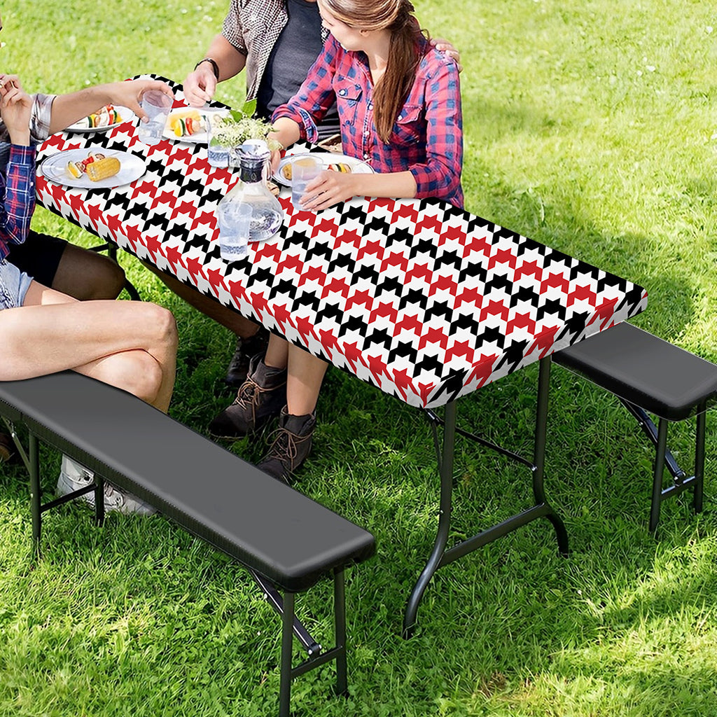 Red Black And White Houndstooth Print Picnic Table Cover