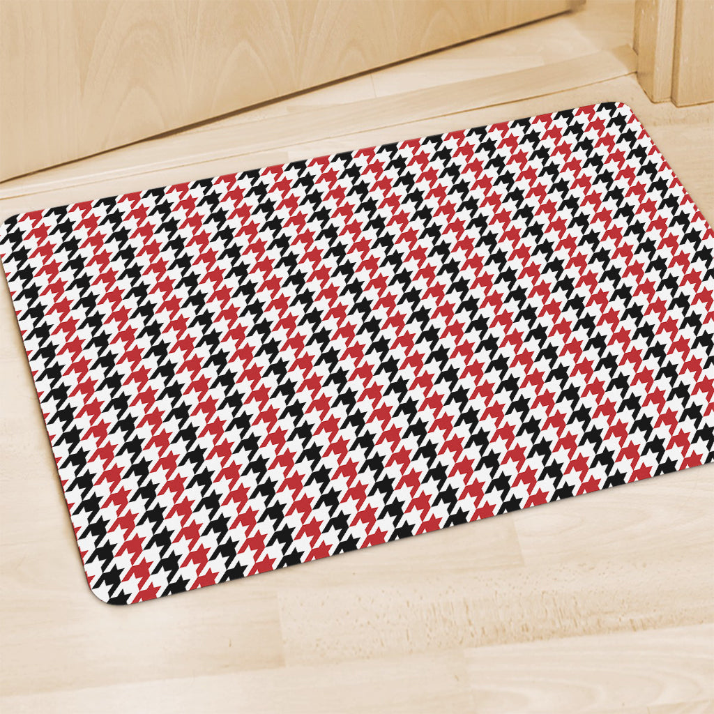 Red Black And White Houndstooth Print Polyester Doormat