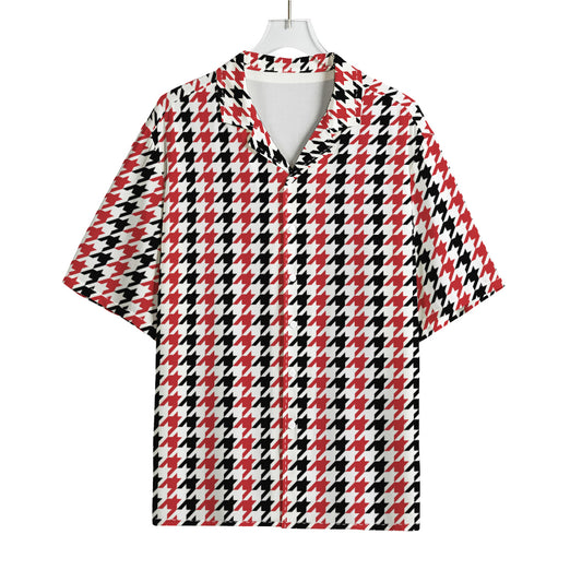 Red Black And White Houndstooth Print Rayon Hawaiian Shirt