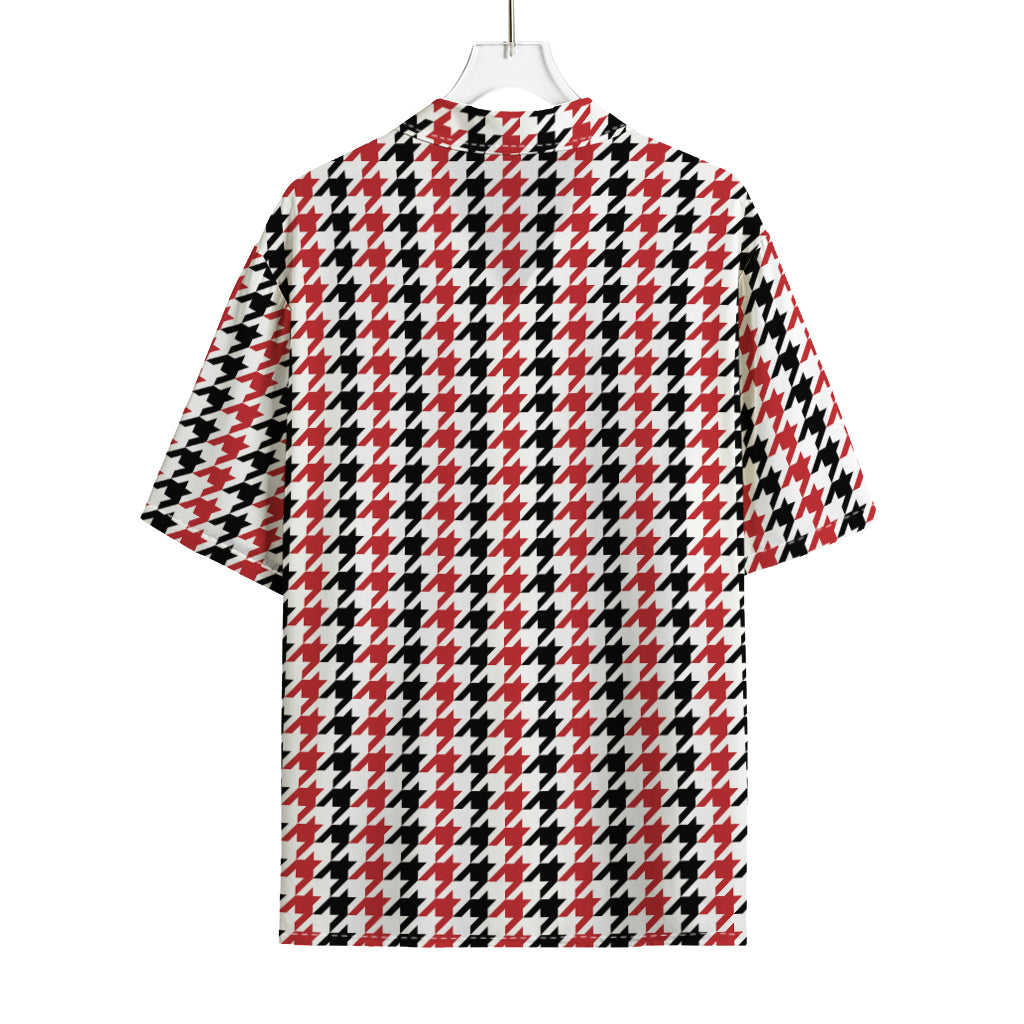 Red Black And White Houndstooth Print Rayon Hawaiian Shirt