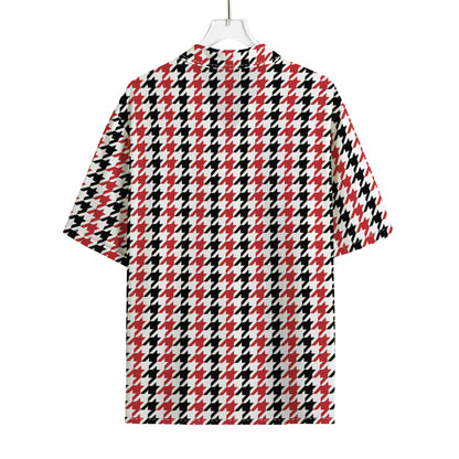 Red Black And White Houndstooth Print Rayon Hawaiian Shirt