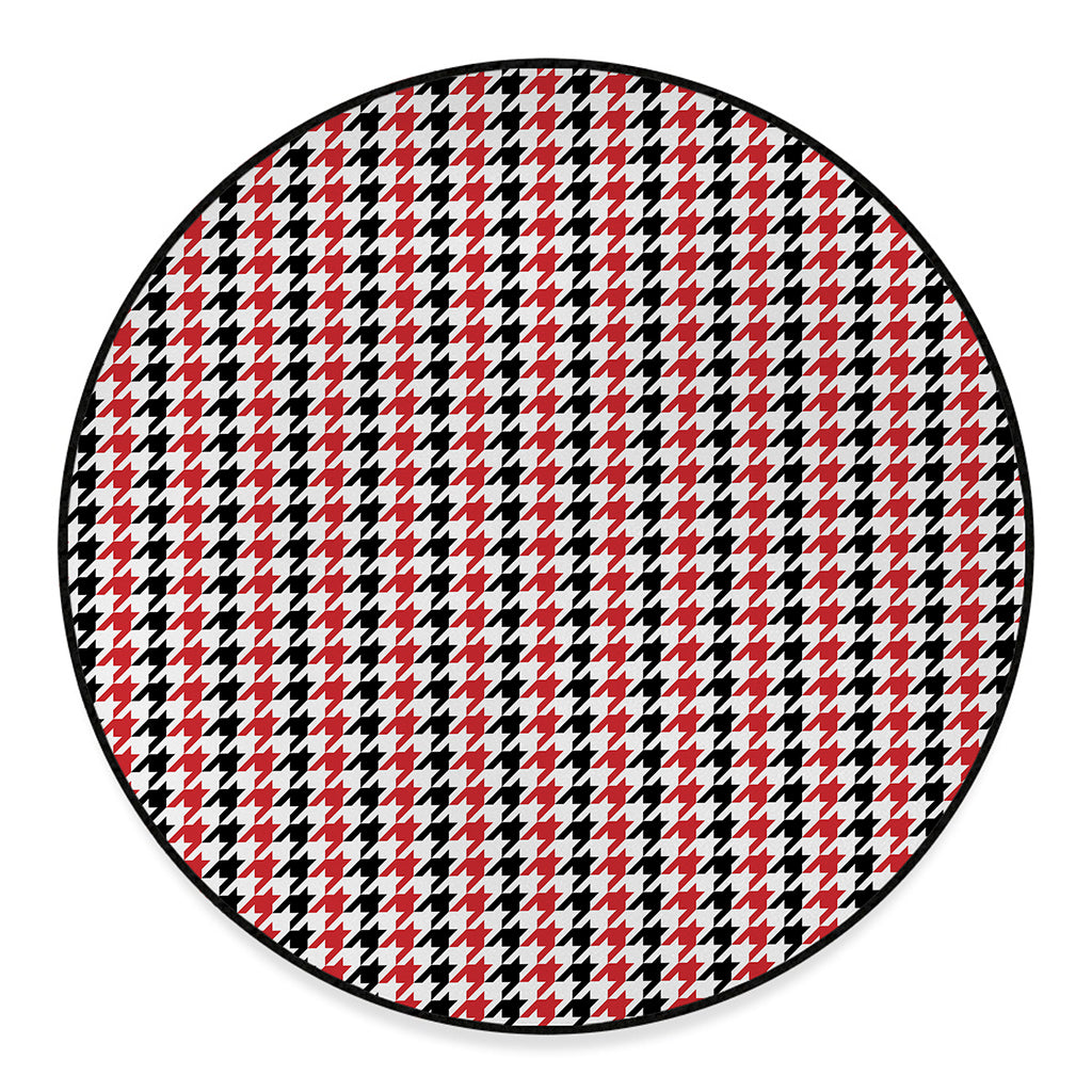 Red Black And White Houndstooth Print Round Floor Mat