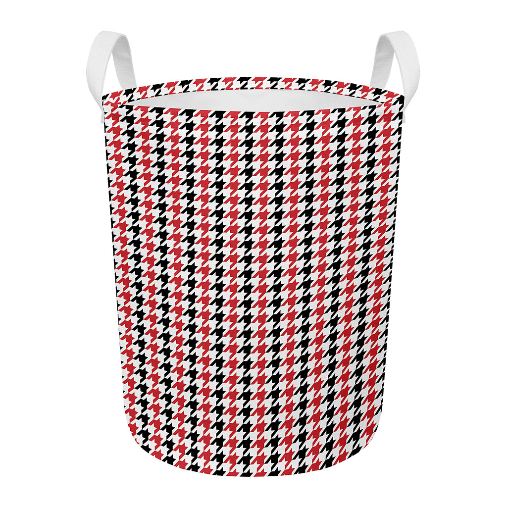 Red Black And White Houndstooth Print Round Laundry Basket