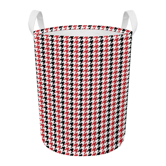 Red Black And White Houndstooth Print Round Laundry Basket