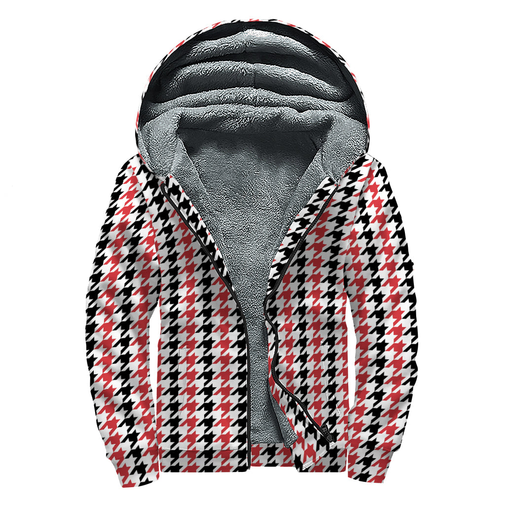 Red Black And White Houndstooth Print Sherpa Lined Zip Up Hoodie