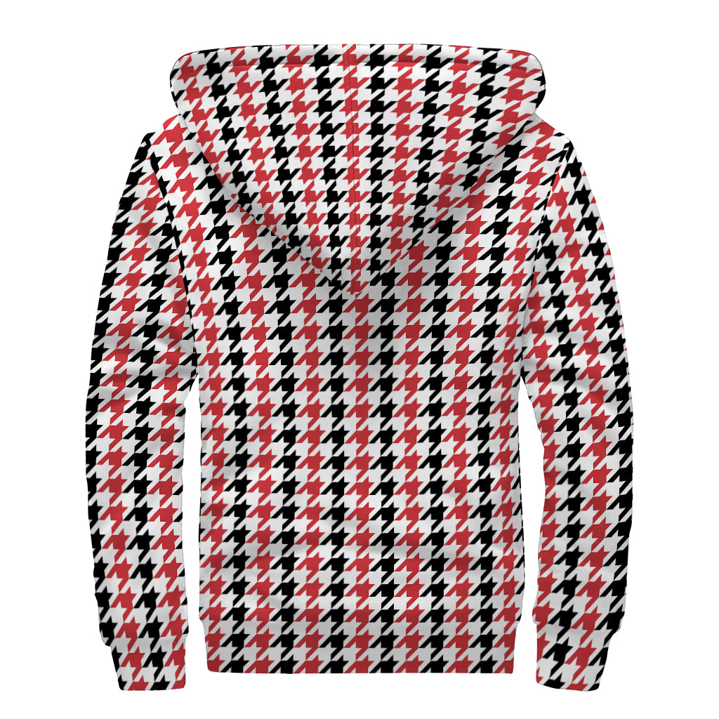Red Black And White Houndstooth Print Sherpa Lined Zip Up Hoodie