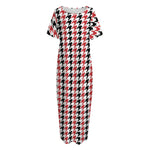 Red Black And White Houndstooth Print Short Sleeve Long Nightdress