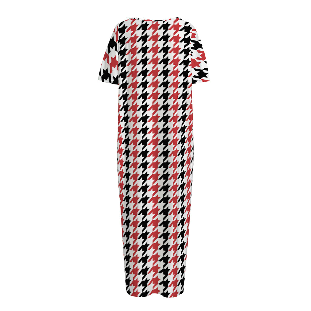 Red Black And White Houndstooth Print Short Sleeve Long Nightdress