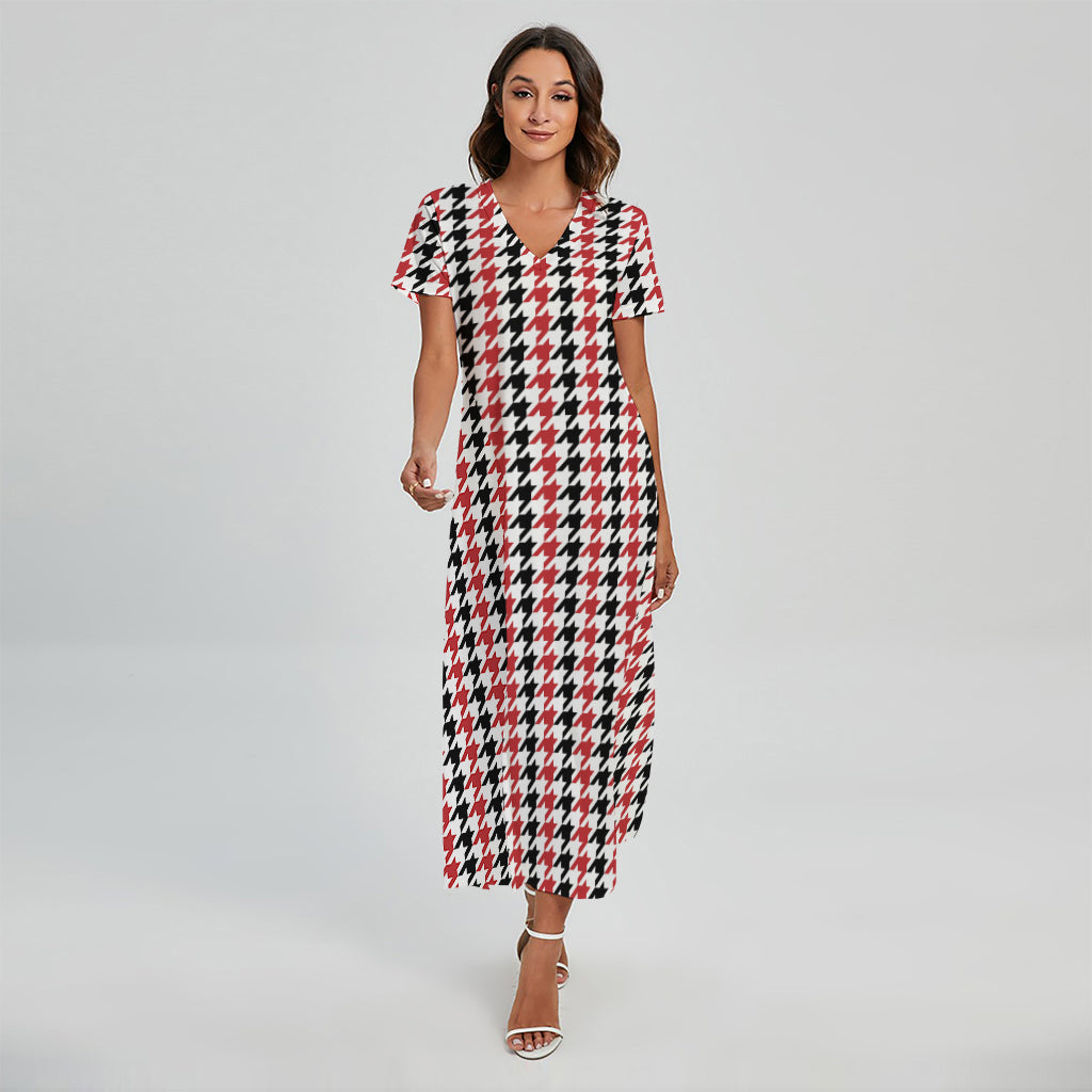 Red Black And White Houndstooth Print Short Sleeve Maxi Dress