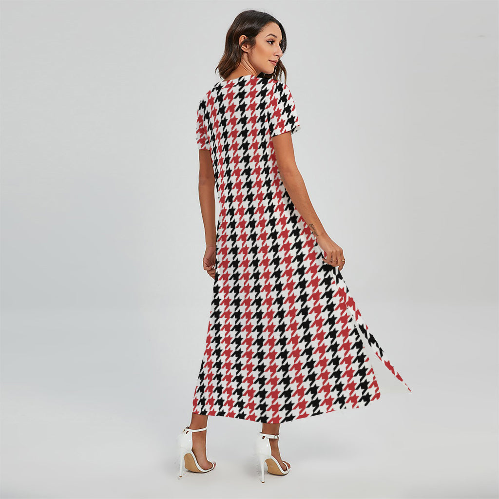 Red Black And White Houndstooth Print Short Sleeve Maxi Dress