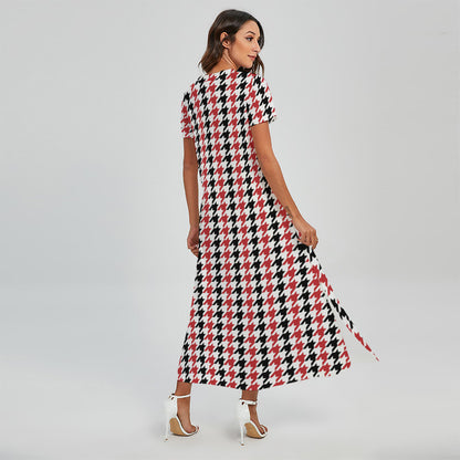 Red Black And White Houndstooth Print Short Sleeve Maxi Dress