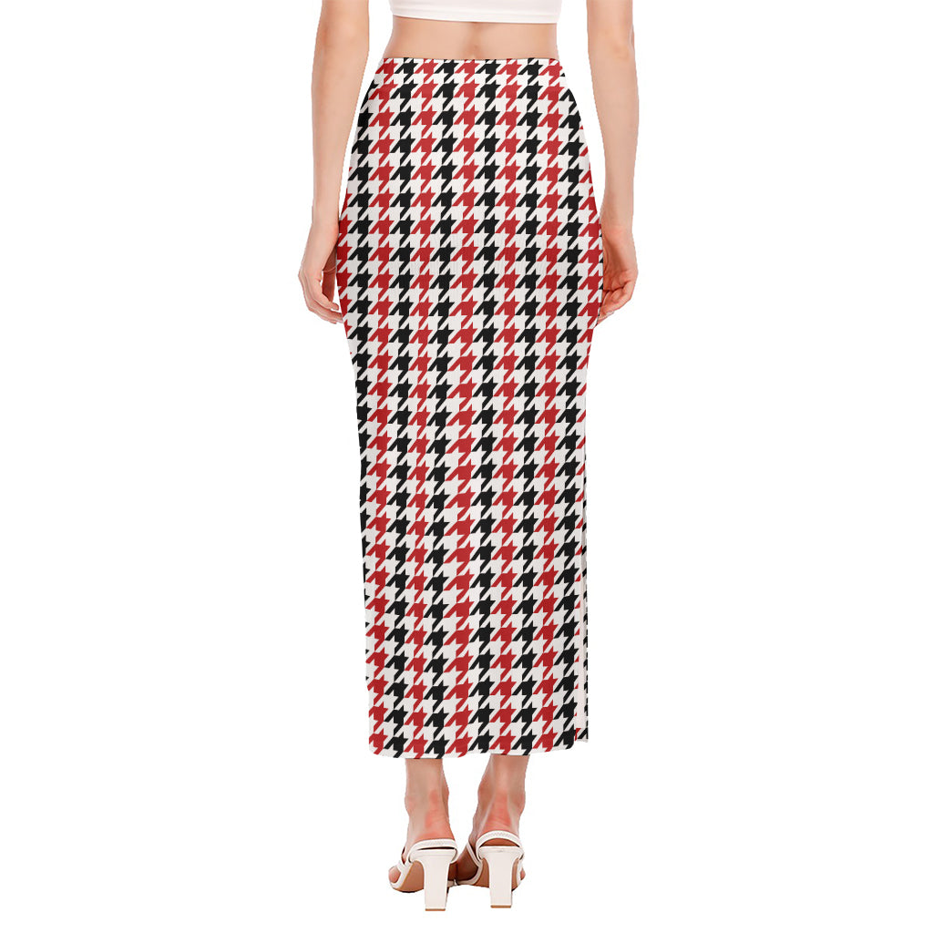 Red Black And White Houndstooth Print Side Slit Maxi Skirt