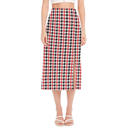 Red Black And White Houndstooth Print Side Slit Midi Skirt