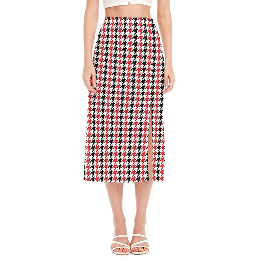 Red Black And White Houndstooth Print Side Slit Midi Skirt