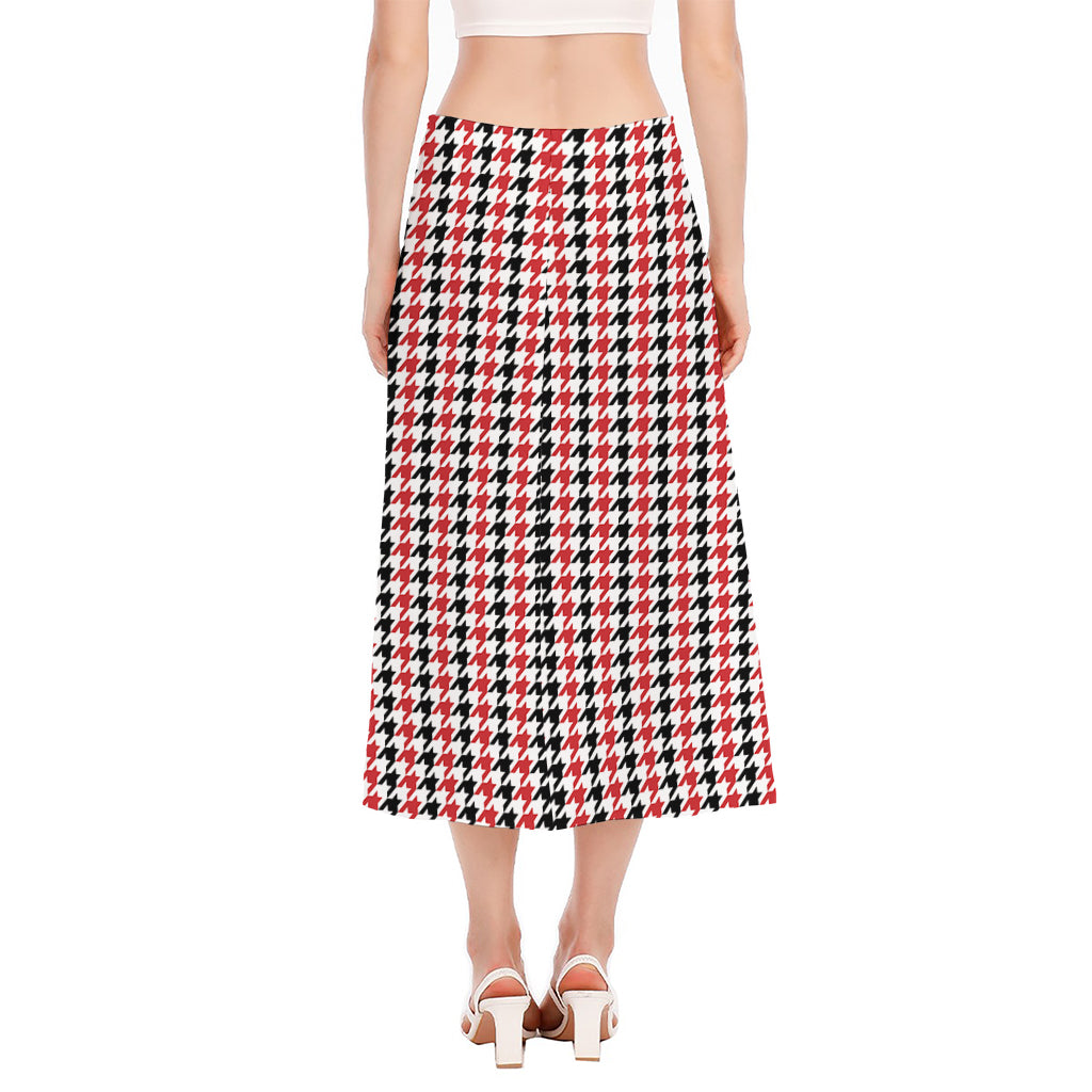 Red Black And White Houndstooth Print Side Slit Midi Skirt
