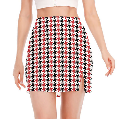 Red Black And White Houndstooth Print Side Slit Mini Skirt