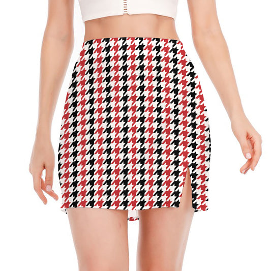 Red Black And White Houndstooth Print Side Slit Mini Skirt