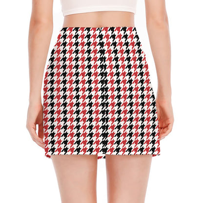 Red Black And White Houndstooth Print Side Slit Mini Skirt