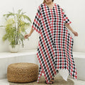 Red Black And White Houndstooth Print Silk V-Neck Kaftan Dress