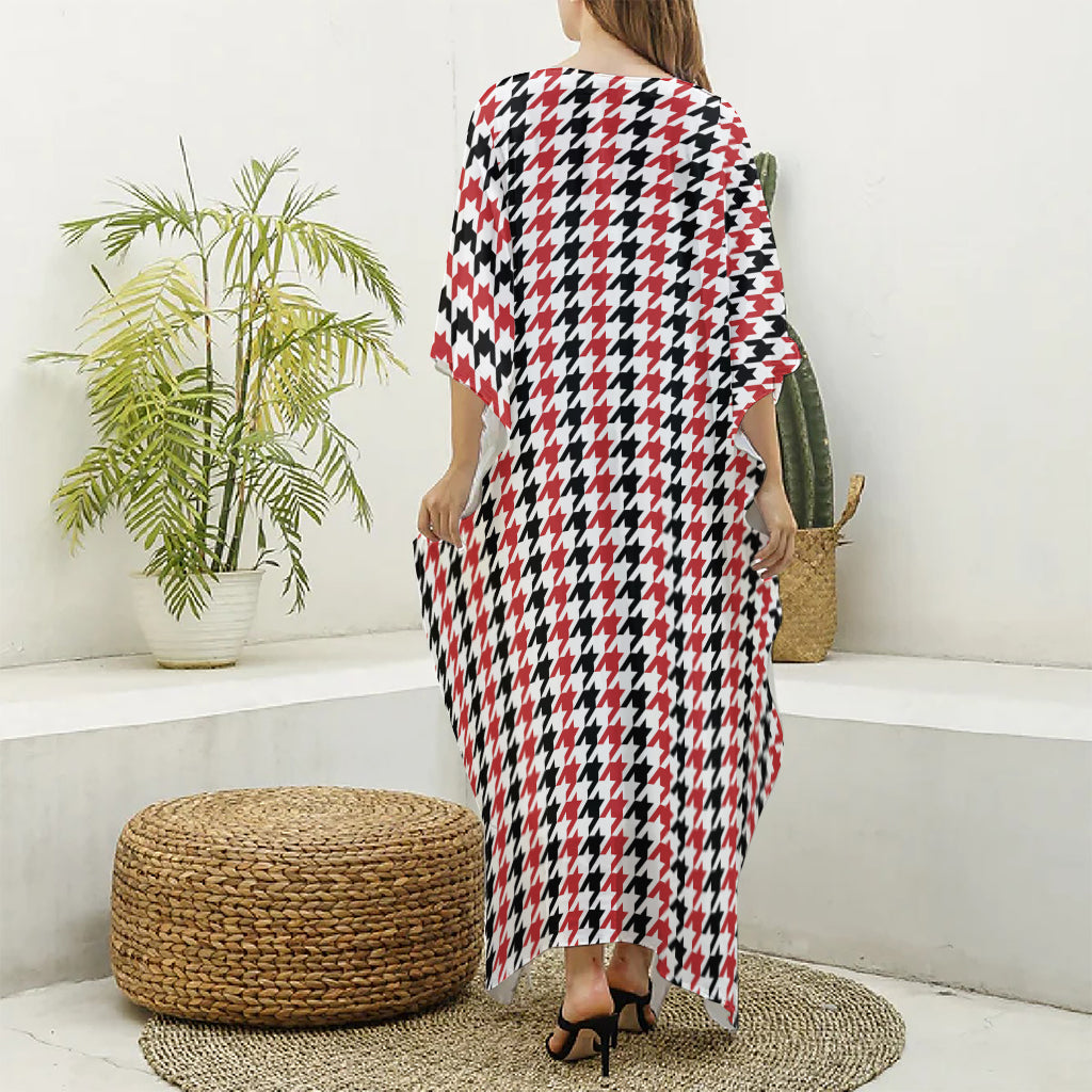 Red Black And White Houndstooth Print Silk V-Neck Kaftan Dress
