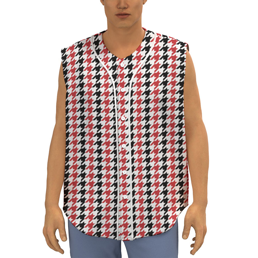 Red Black And White Houndstooth Print Sleeveless Baseball Jersey