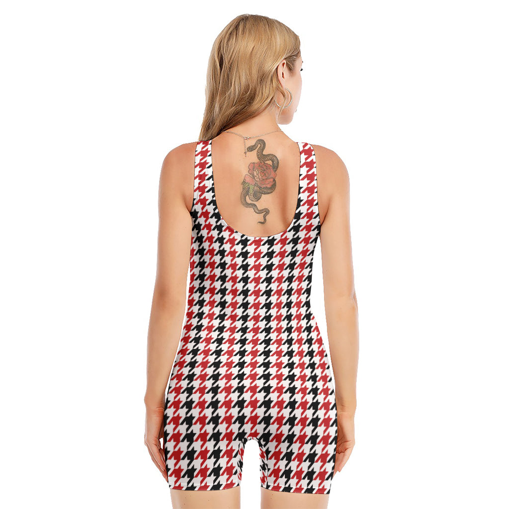 Red Black And White Houndstooth Print Sleeveless One Piece Swimsuit