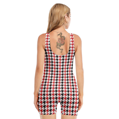 Red Black And White Houndstooth Print Sleeveless One Piece Swimsuit