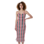 Red Black And White Houndstooth Print Slim Fit Midi Cami Dress