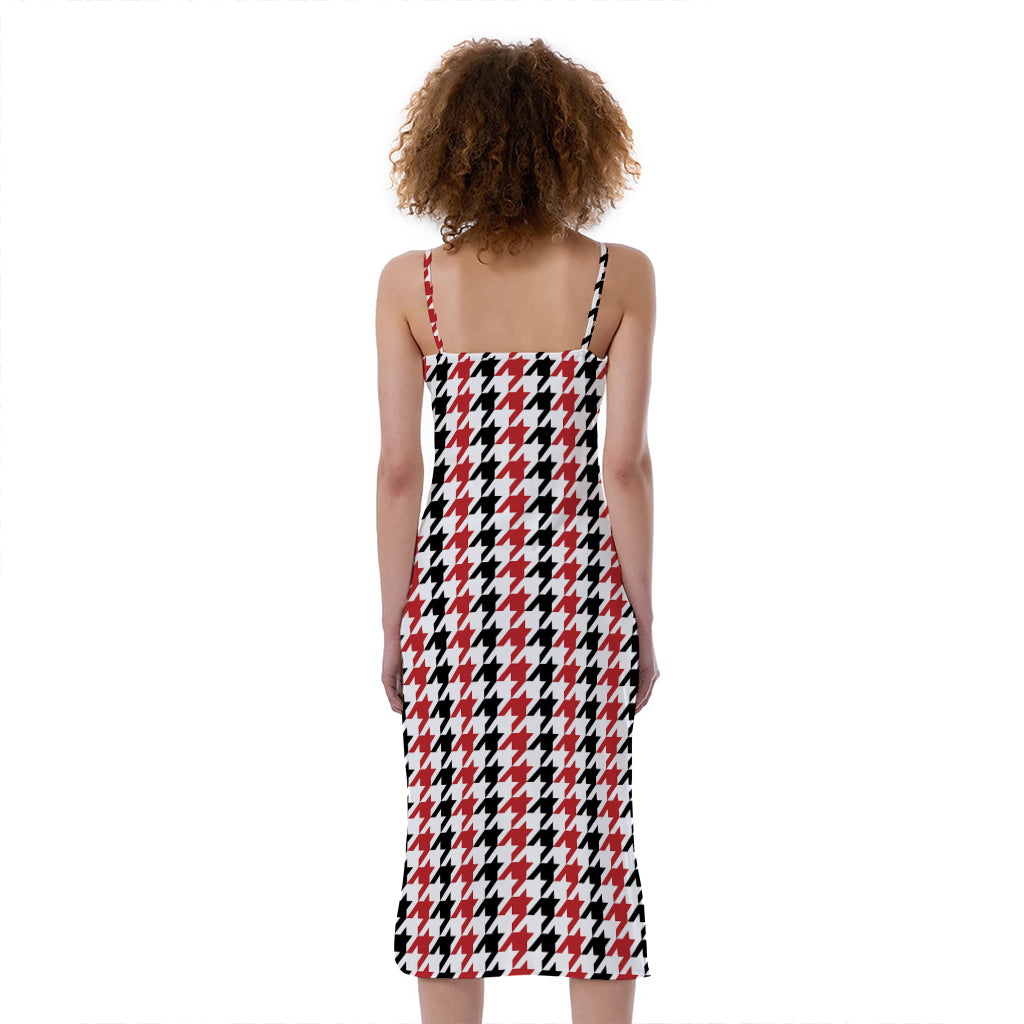 Red Black And White Houndstooth Print Slim Fit Midi Cami Dress