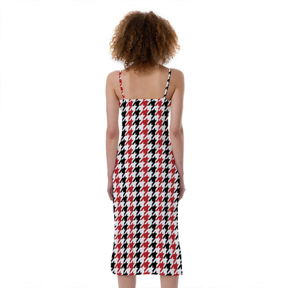 Red Black And White Houndstooth Print Slim Fit Midi Cami Dress