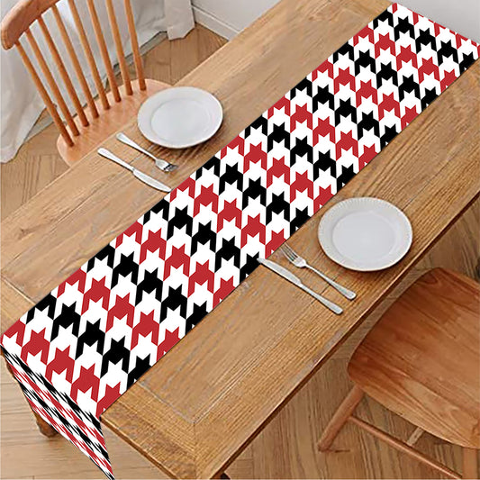 Red Black And White Houndstooth Print Table Runner