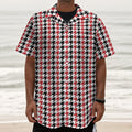 Red Black And White Houndstooth Print Textured Short Sleeve Shirt