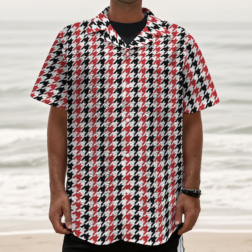 Red Black And White Houndstooth Print Textured Short Sleeve Shirt