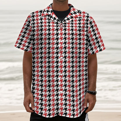 Red Black And White Houndstooth Print Textured Short Sleeve Shirt