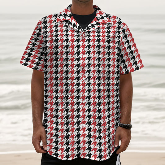 Red Black And White Houndstooth Print Textured Short Sleeve Shirt