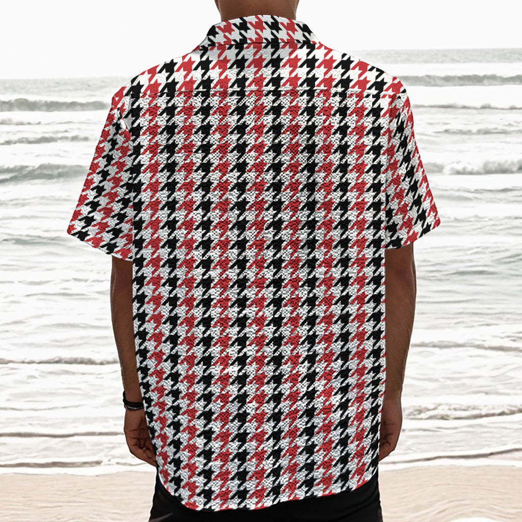 Red Black And White Houndstooth Print Textured Short Sleeve Shirt