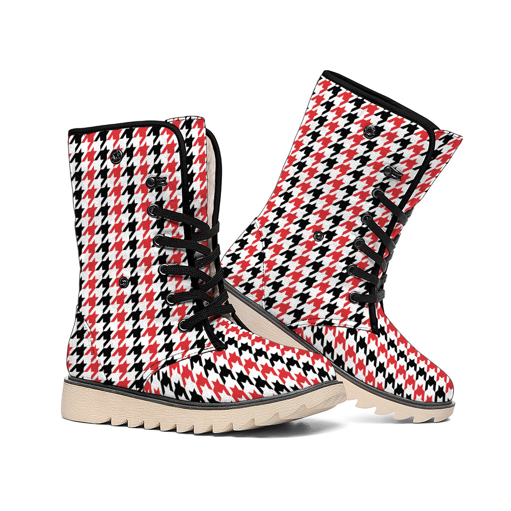 Red Black And White Houndstooth Print Winter Boots