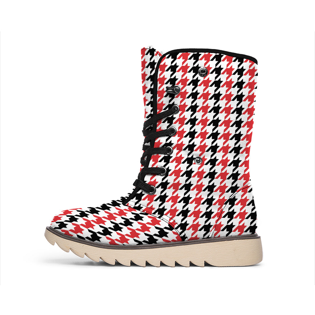Red Black And White Houndstooth Print Winter Boots