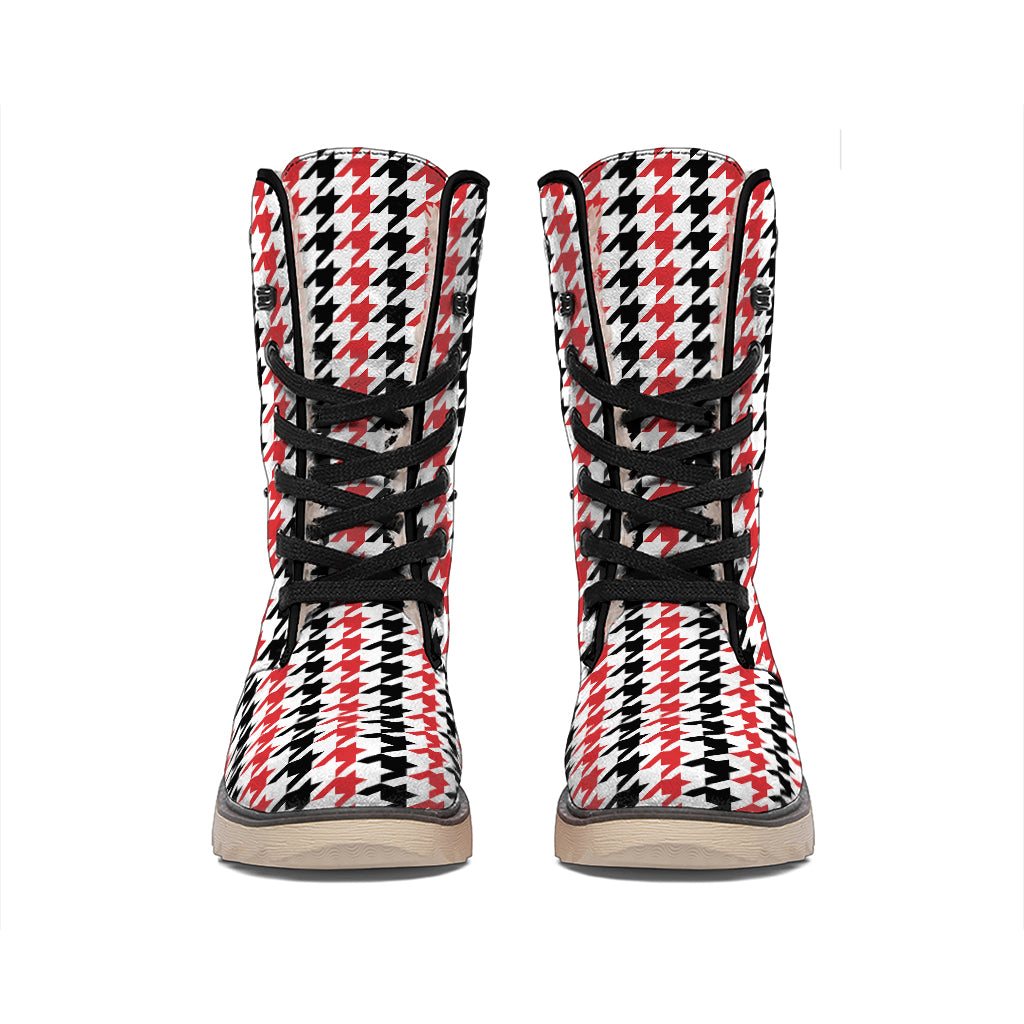Red Black And White Houndstooth Print Winter Boots