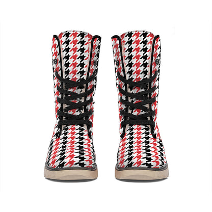 Red Black And White Houndstooth Print Winter Boots
