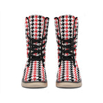 Red Black And White Houndstooth Print Winter Boots
