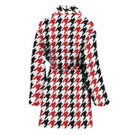 Red Black And White Houndstooth Print Women's Bathrobe