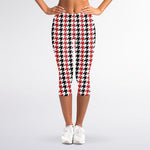 Red Black And White Houndstooth Print Women's Capri Leggings