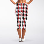 Red Black And White Houndstooth Print Women's Capri Leggings