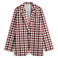 Red Black And White Houndstooth Print Women's Cotton Blazer